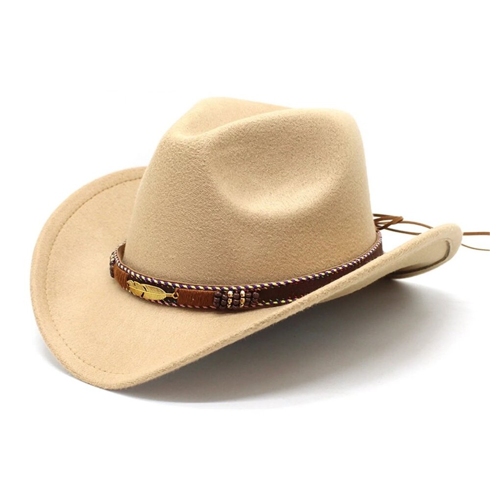 Beige Western Cowboy Cowgirl Hat – Gold Feather Braid Band, Felt,‎ Men Women